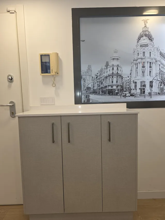 Mueble de la entrada revestido en gris textil bajo el cuadro de Madrid